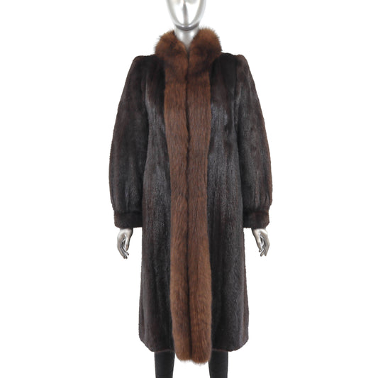 Brown Mink Coat with Fox Tuxedo- Size S