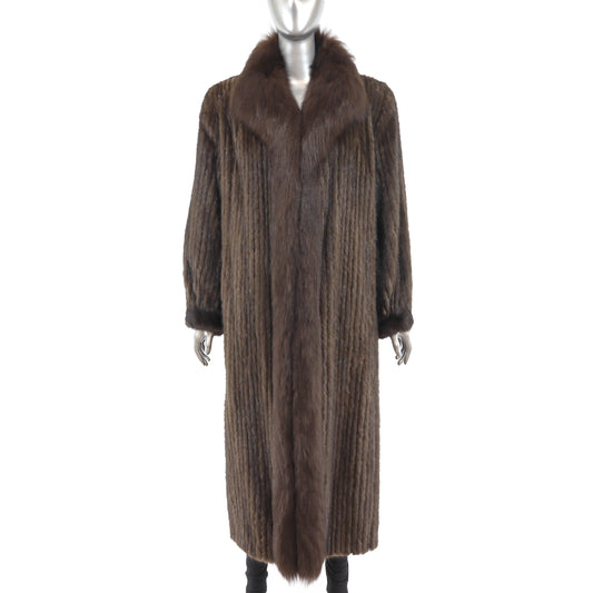 Brown Corded Mink Coat with Fox Tuxedo- Size M