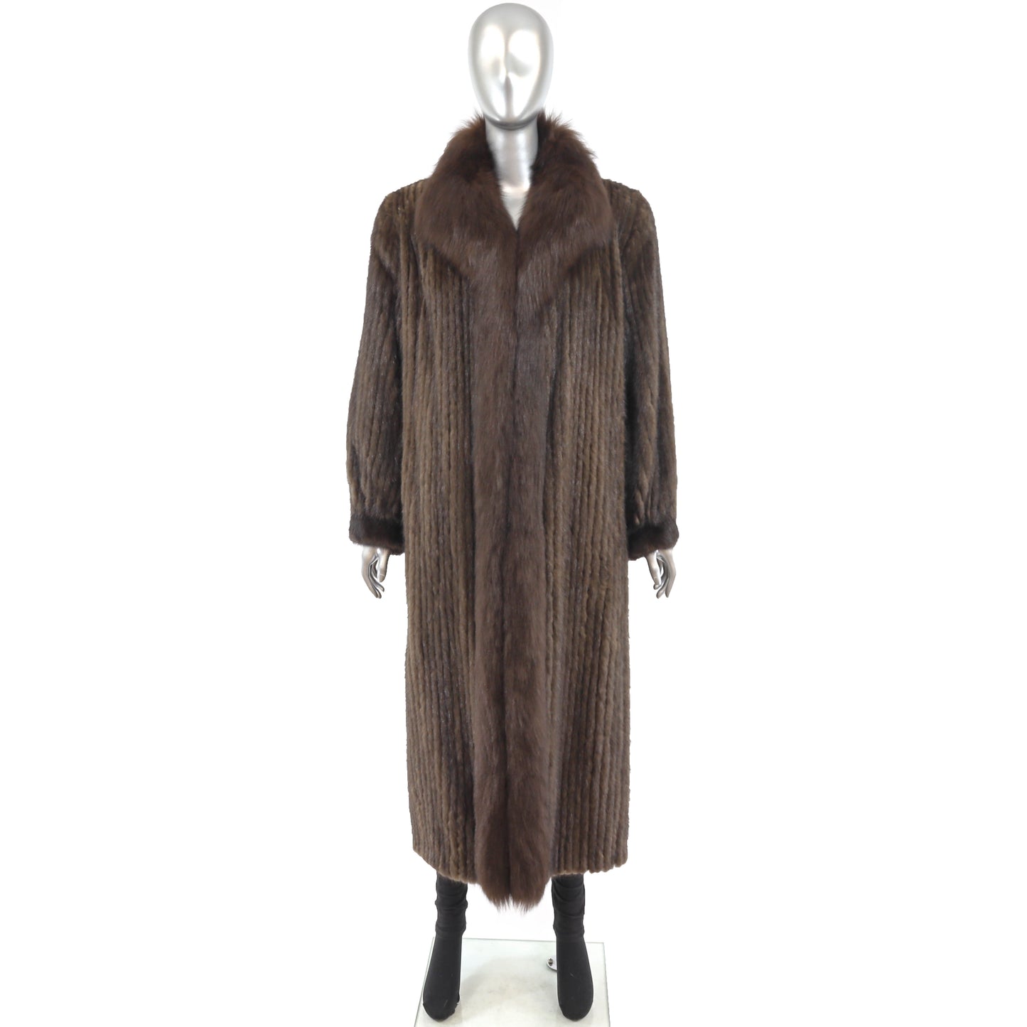 Brown Corded Mink Coat with Fox Tuxedo- Size M