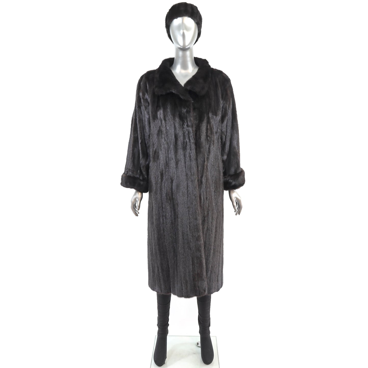 Black Mink Coat with Matching Headband- Size L