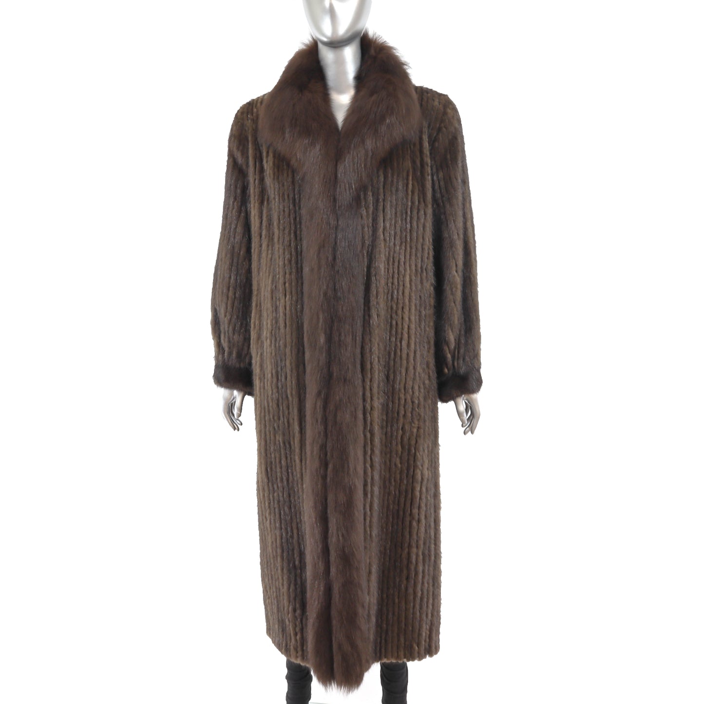 Brown Corded Mink Coat with Fox Tuxedo- Size M