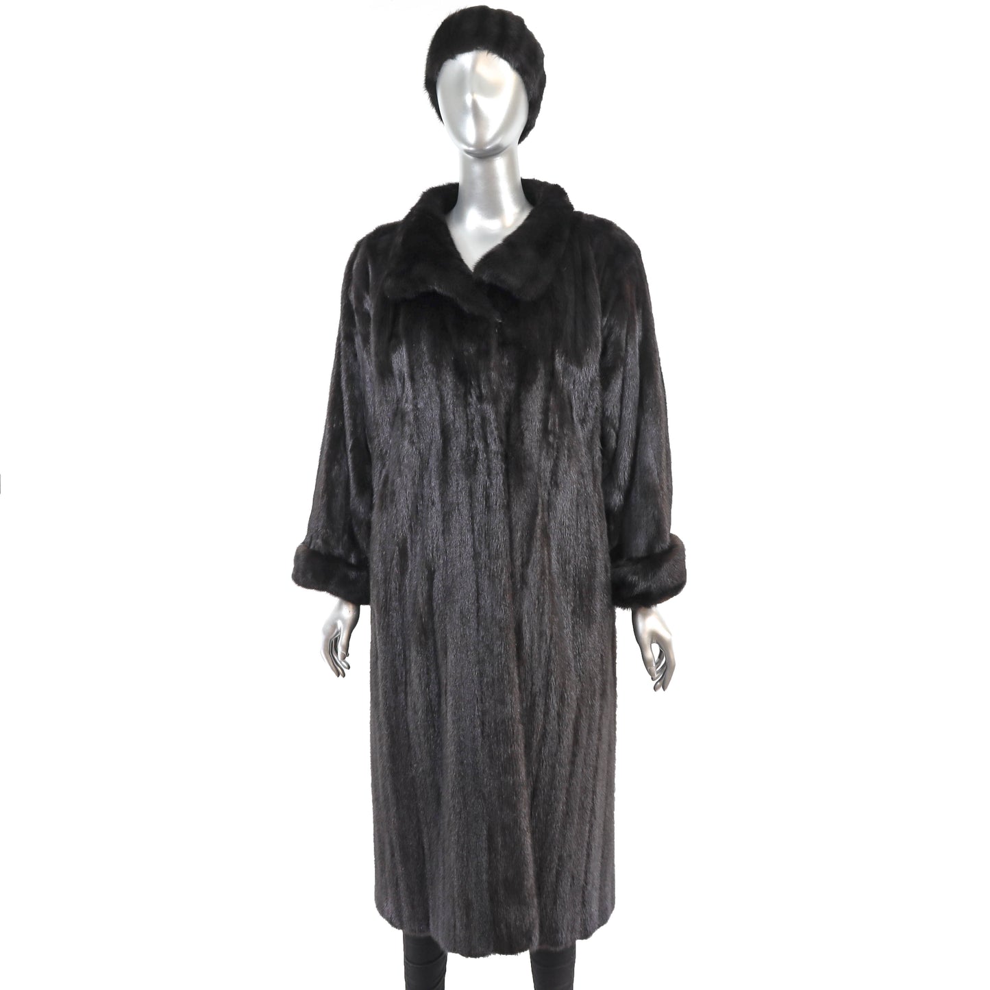 Black Mink Coat with Matching Headband- Size L