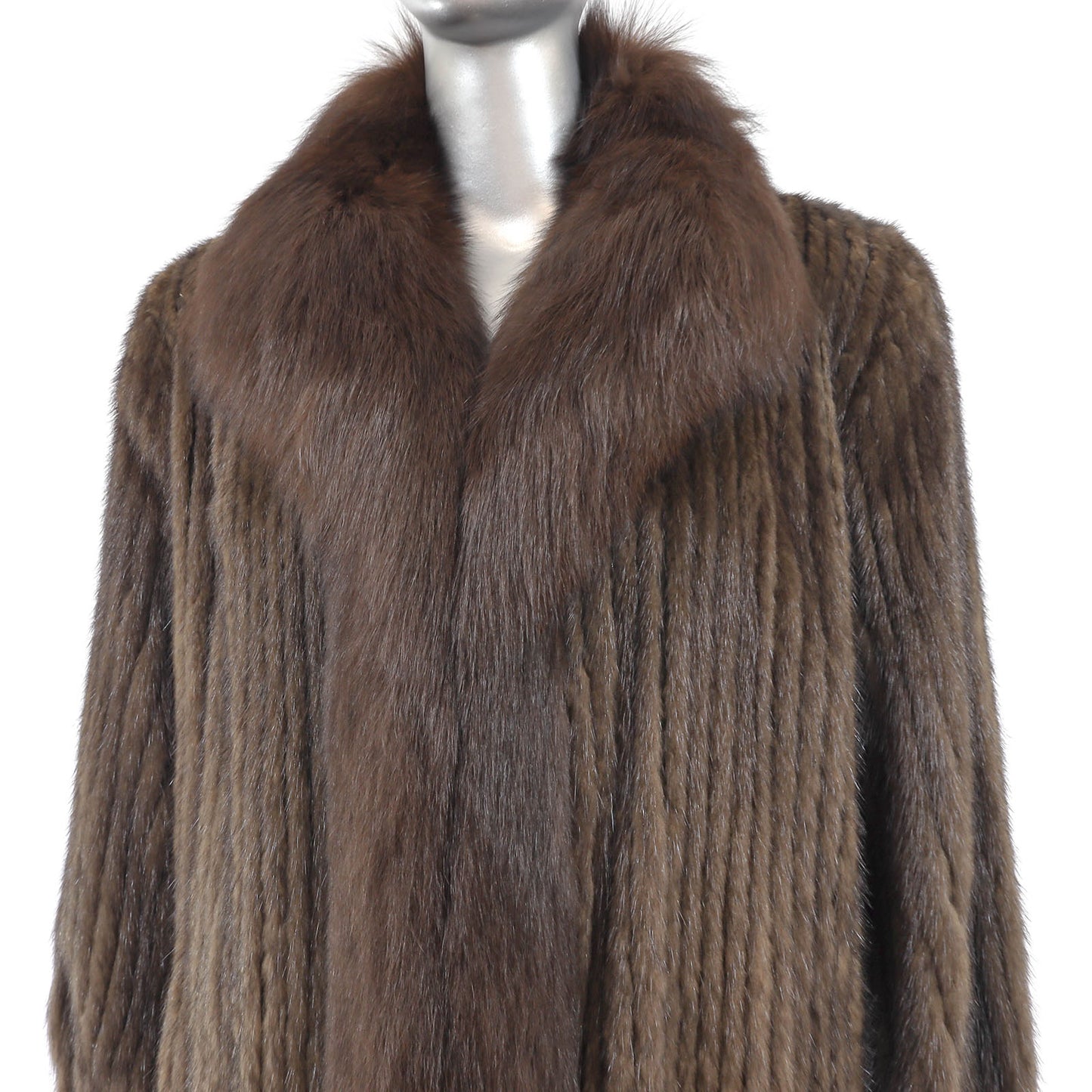 Brown Corded Mink Coat with Fox Tuxedo- Size M