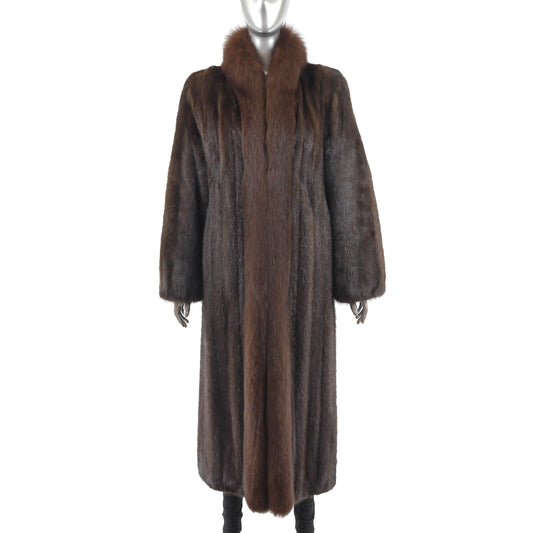 Brown Mink Coat with Fox Tuxedo- Size M