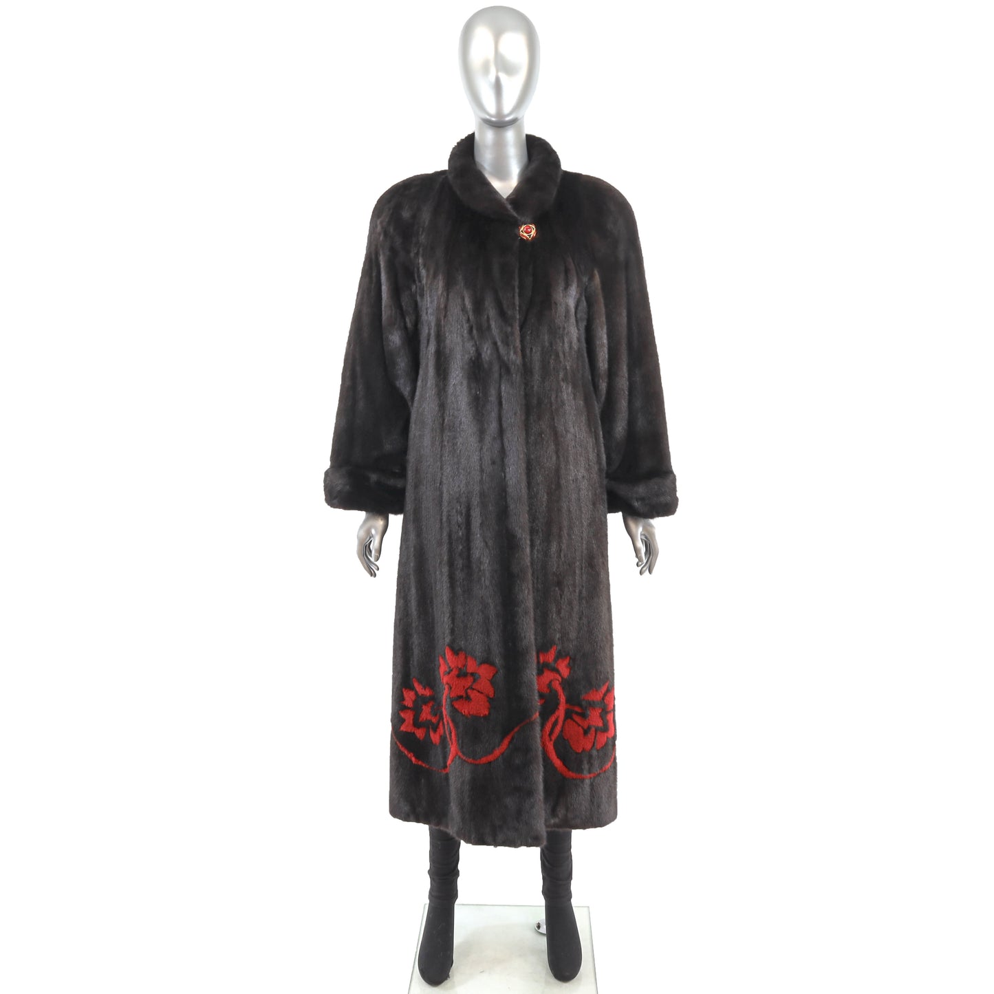 Black Mink Coat with Red Design- Size S