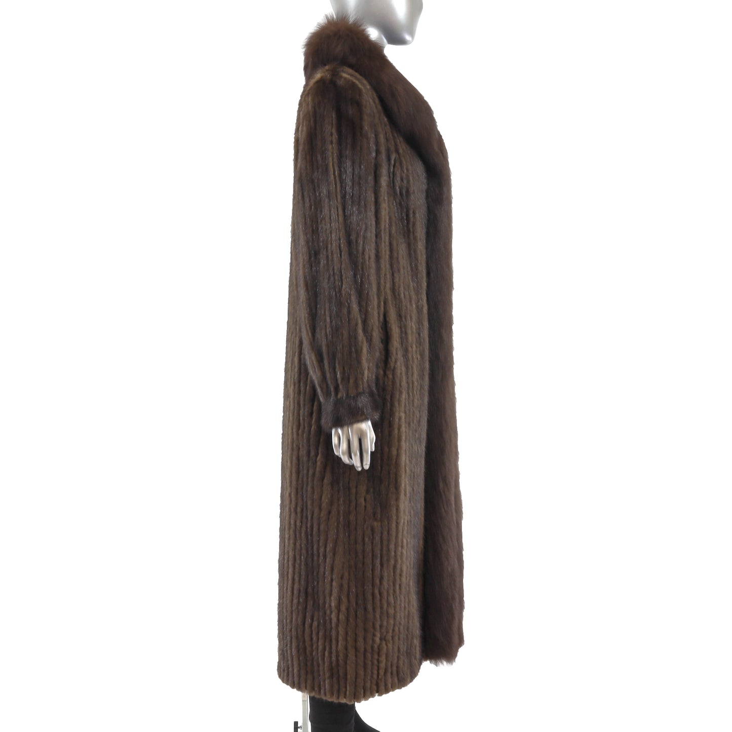 Brown Corded Mink Coat with Fox Tuxedo- Size M