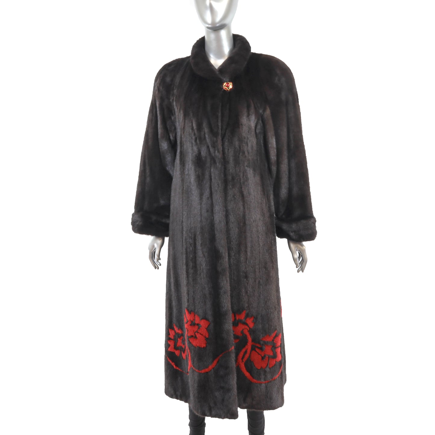 Black Mink Coat with Red Design- Size S