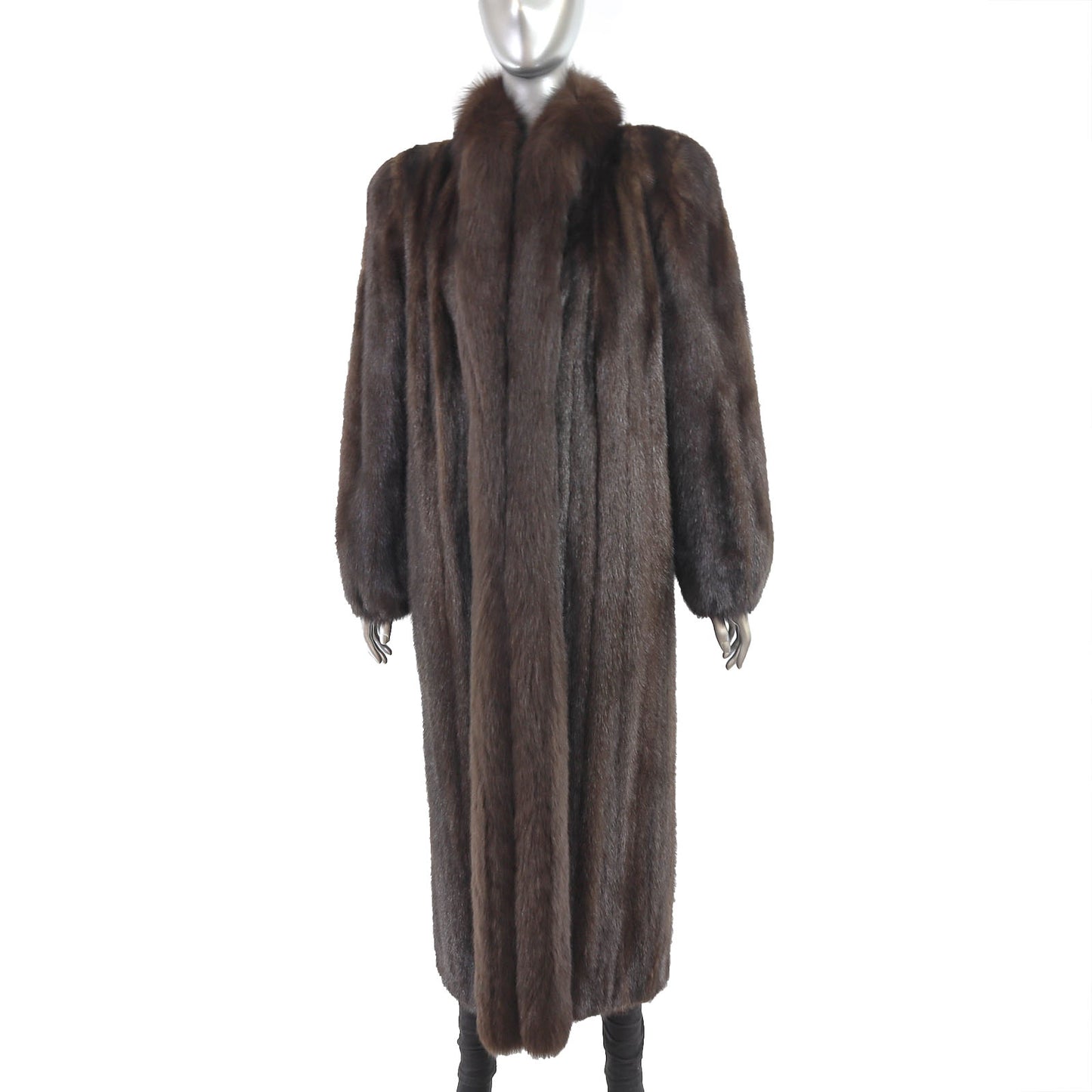 Brown Mink Coat with Fox Tuxedo- Size L