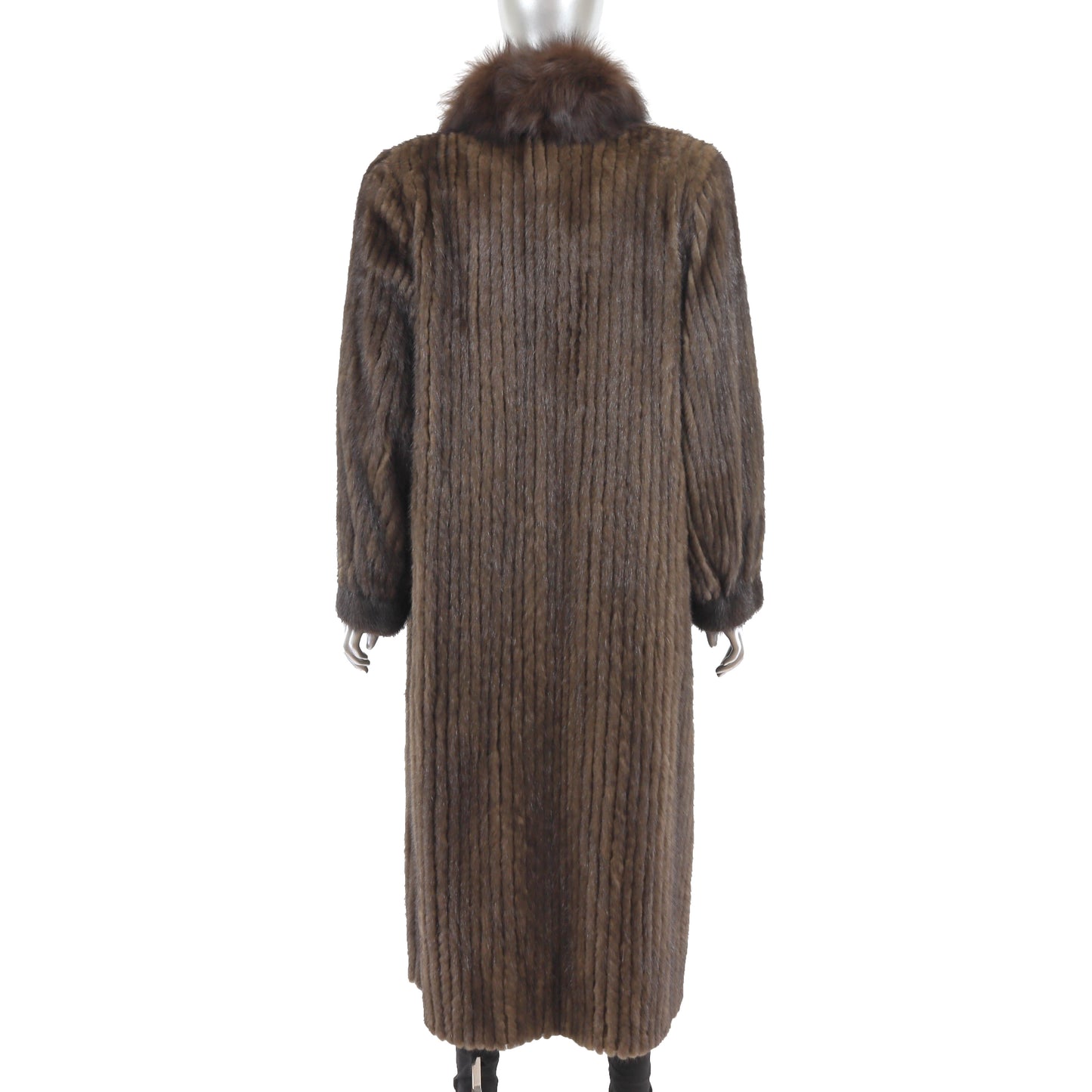 Brown Corded Mink Coat with Fox Tuxedo- Size M