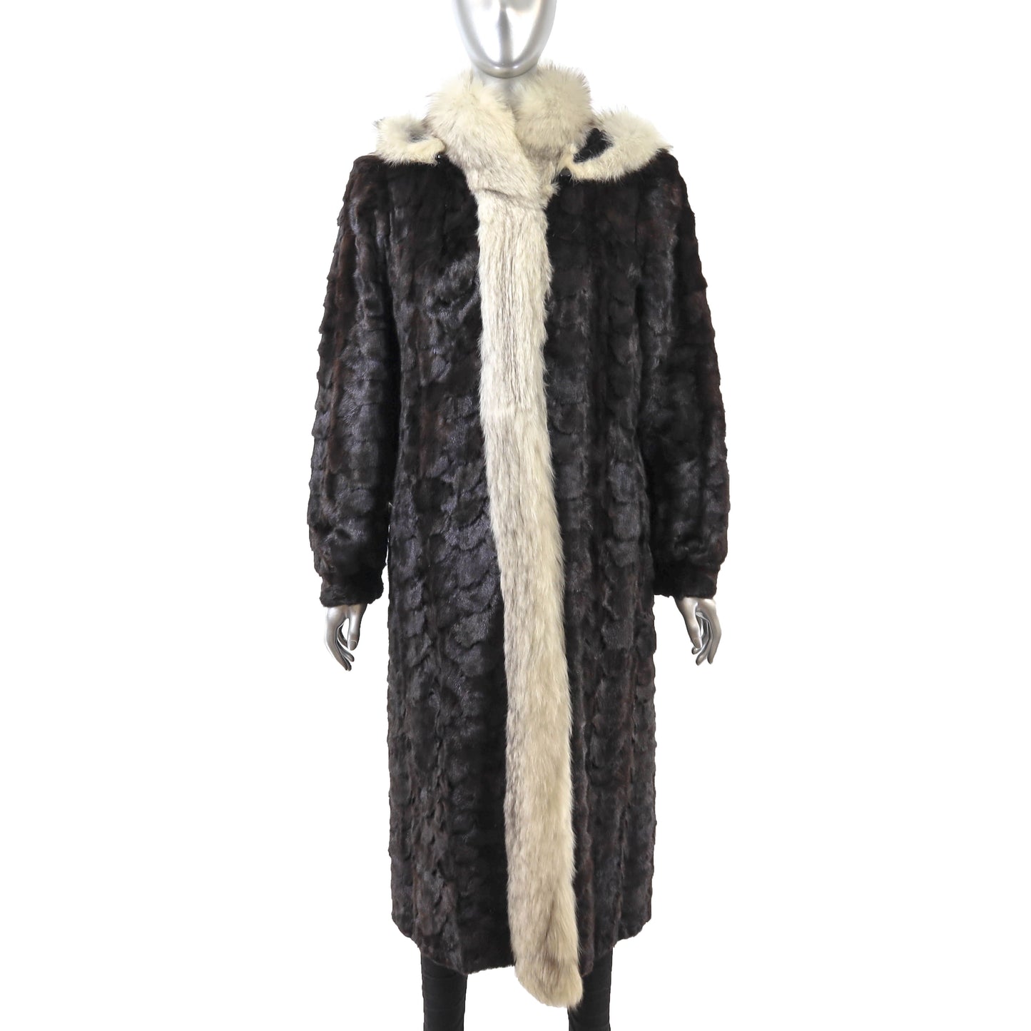 Brown Section Mink Coat with Fox Tuxedo and Detachable Hood- Size M