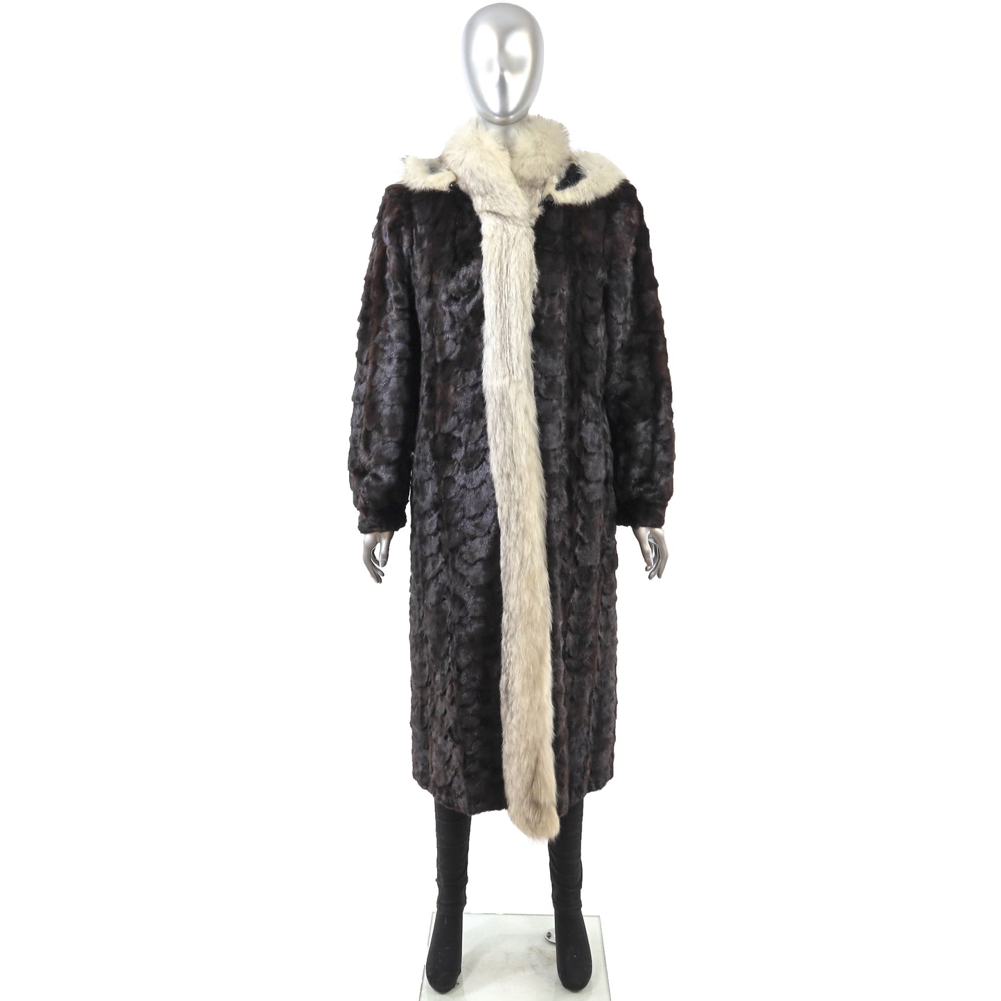 Brown Section Mink Coat with Fox Tuxedo and Detachable Hood- Size M