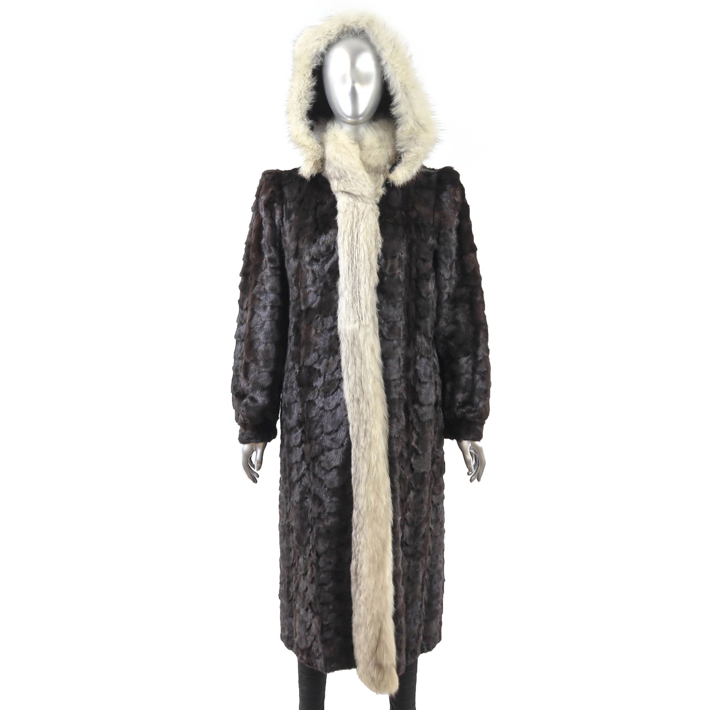 Brown Section Mink Coat with Fox Tuxedo and Detachable Hood- Size M