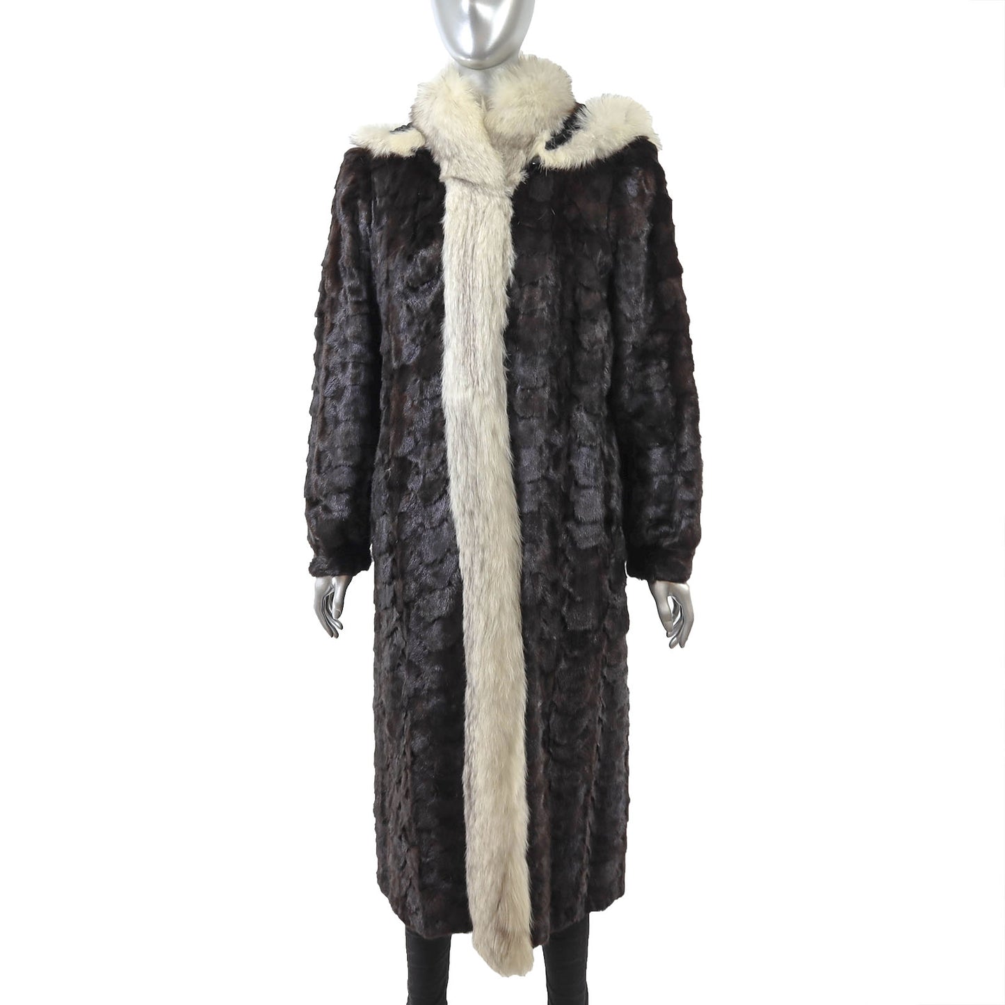 Brown Section Mink Coat with Fox Tuxedo and Detachable Hood- Size M