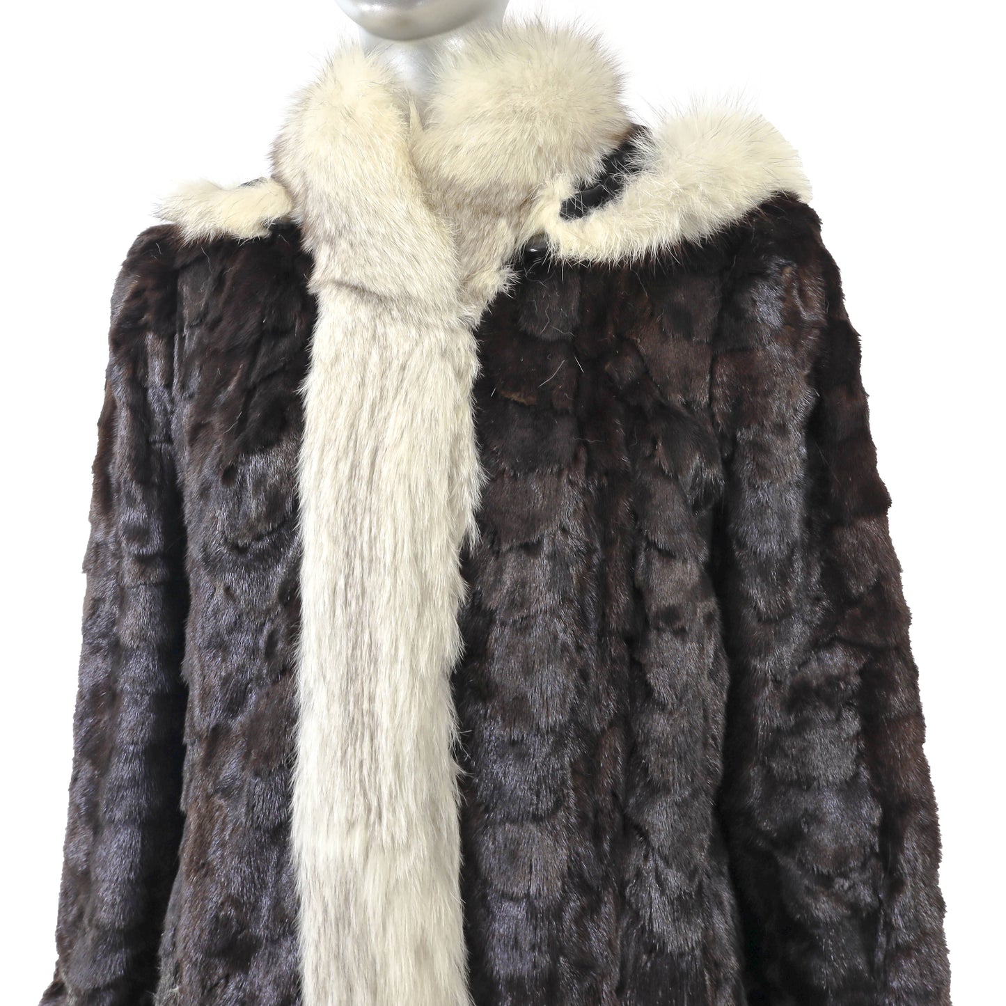 Brown Section Mink Coat with Fox Tuxedo and Detachable Hood- Size M