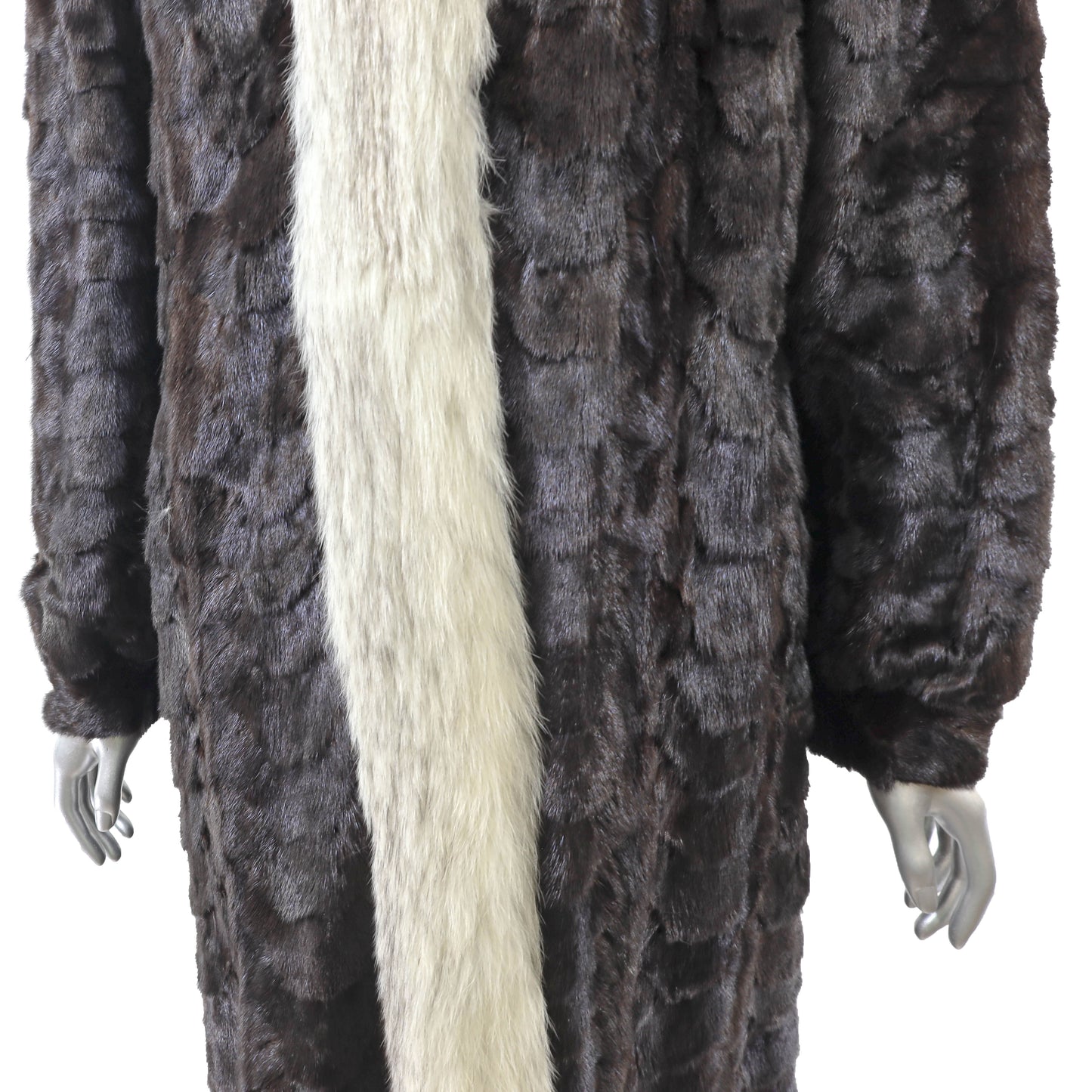 Brown Section Mink Coat with Fox Tuxedo and Detachable Hood- Size M