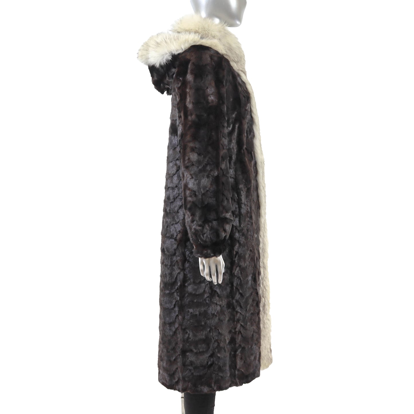 Brown Section Mink Coat with Fox Tuxedo and Detachable Hood- Size M