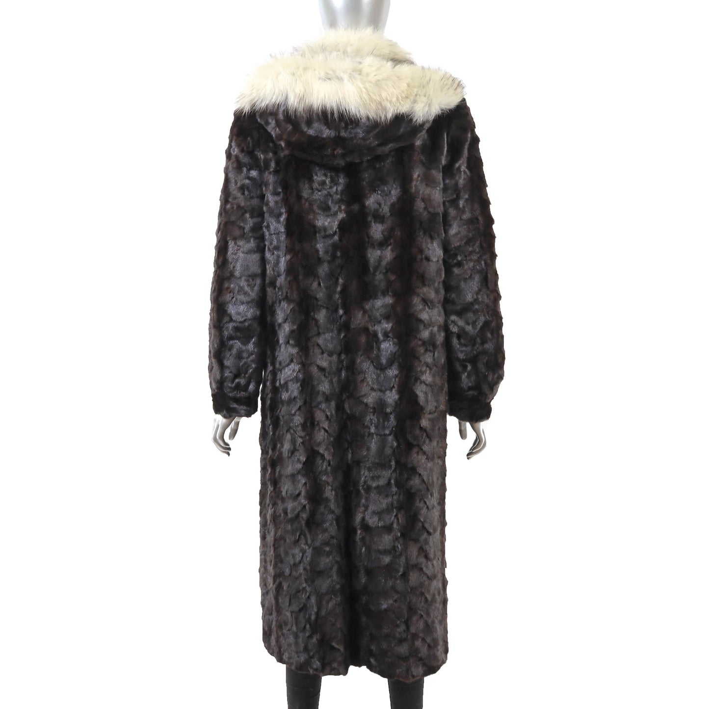 Brown Section Mink Coat with Fox Tuxedo and Detachable Hood- Size M