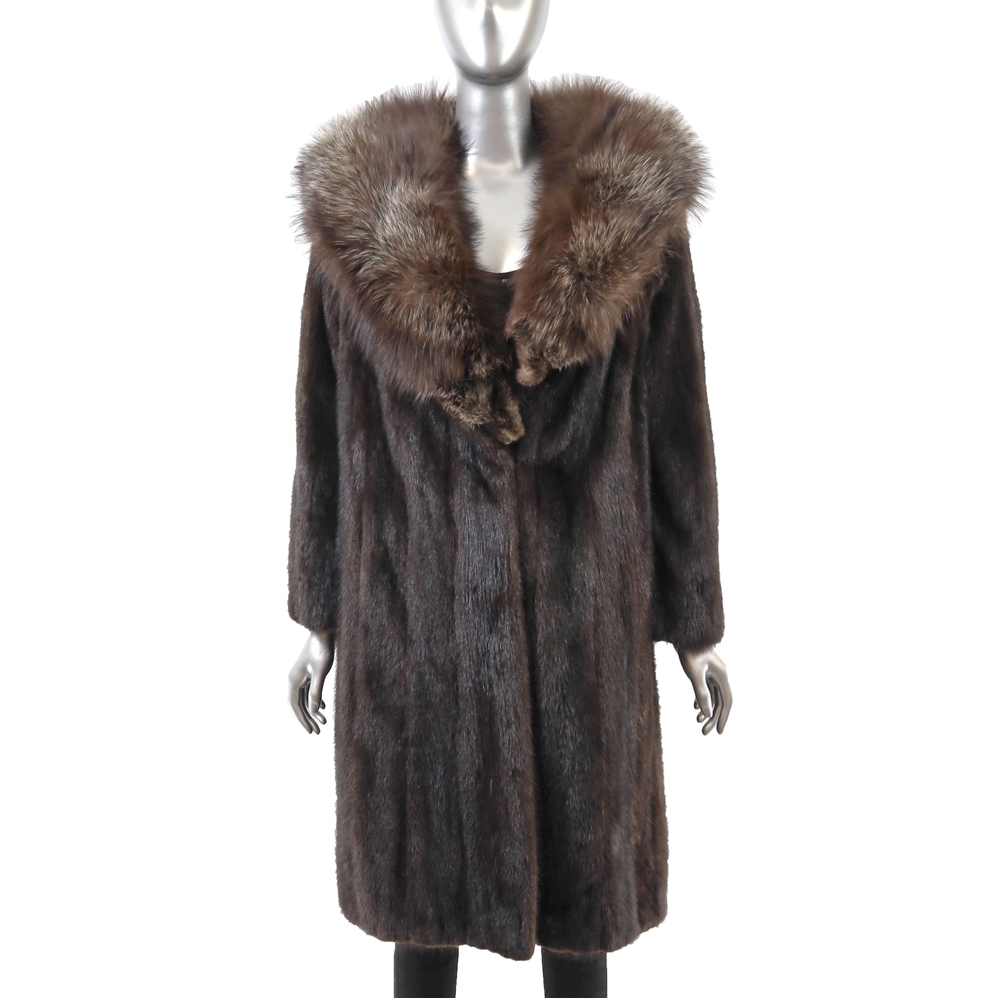 Brown Mink Coat with Fox Collar- Size L