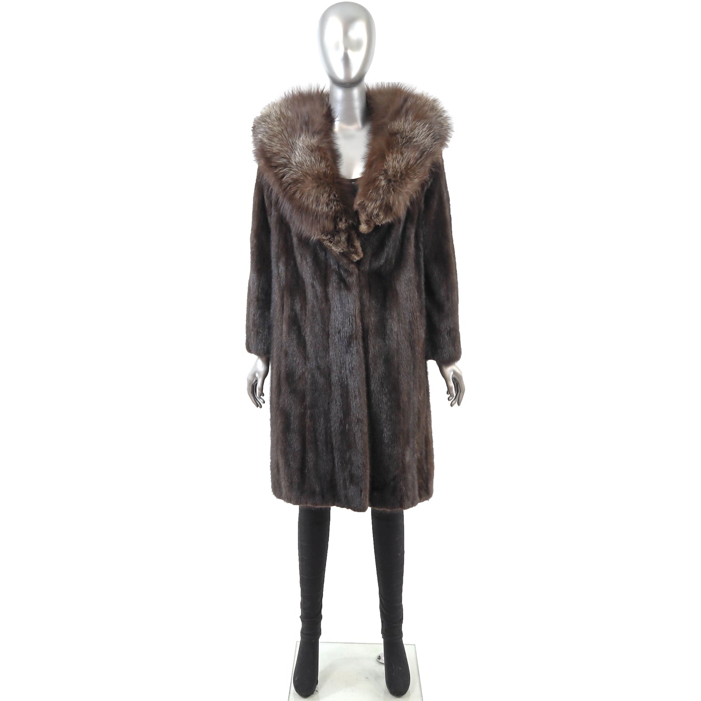 Brown Mink Coat with Fox Collar- Size L