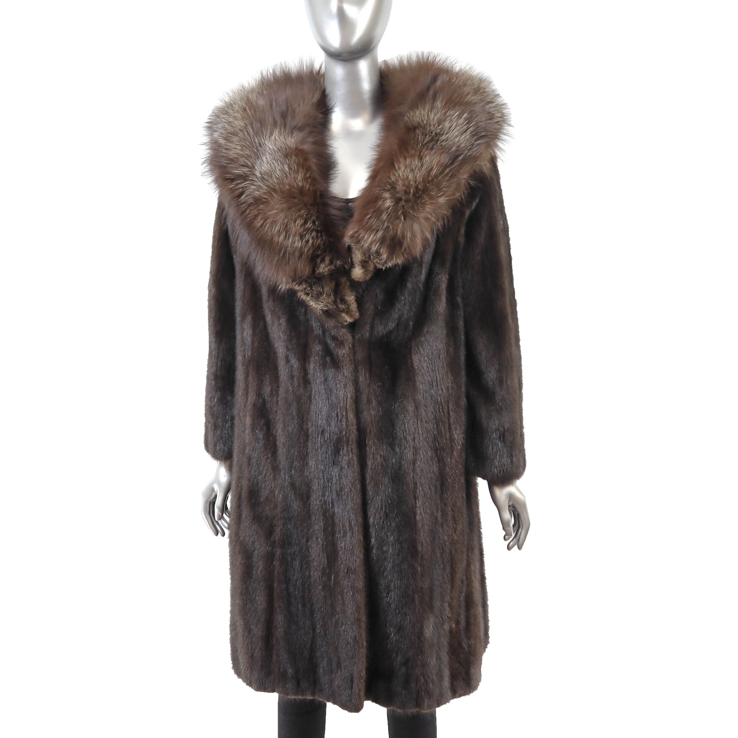 Brown Mink Coat with Fox Collar- Size L