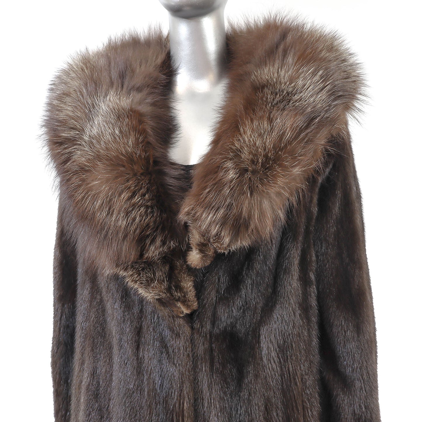 Brown Mink Coat with Fox Collar- Size L