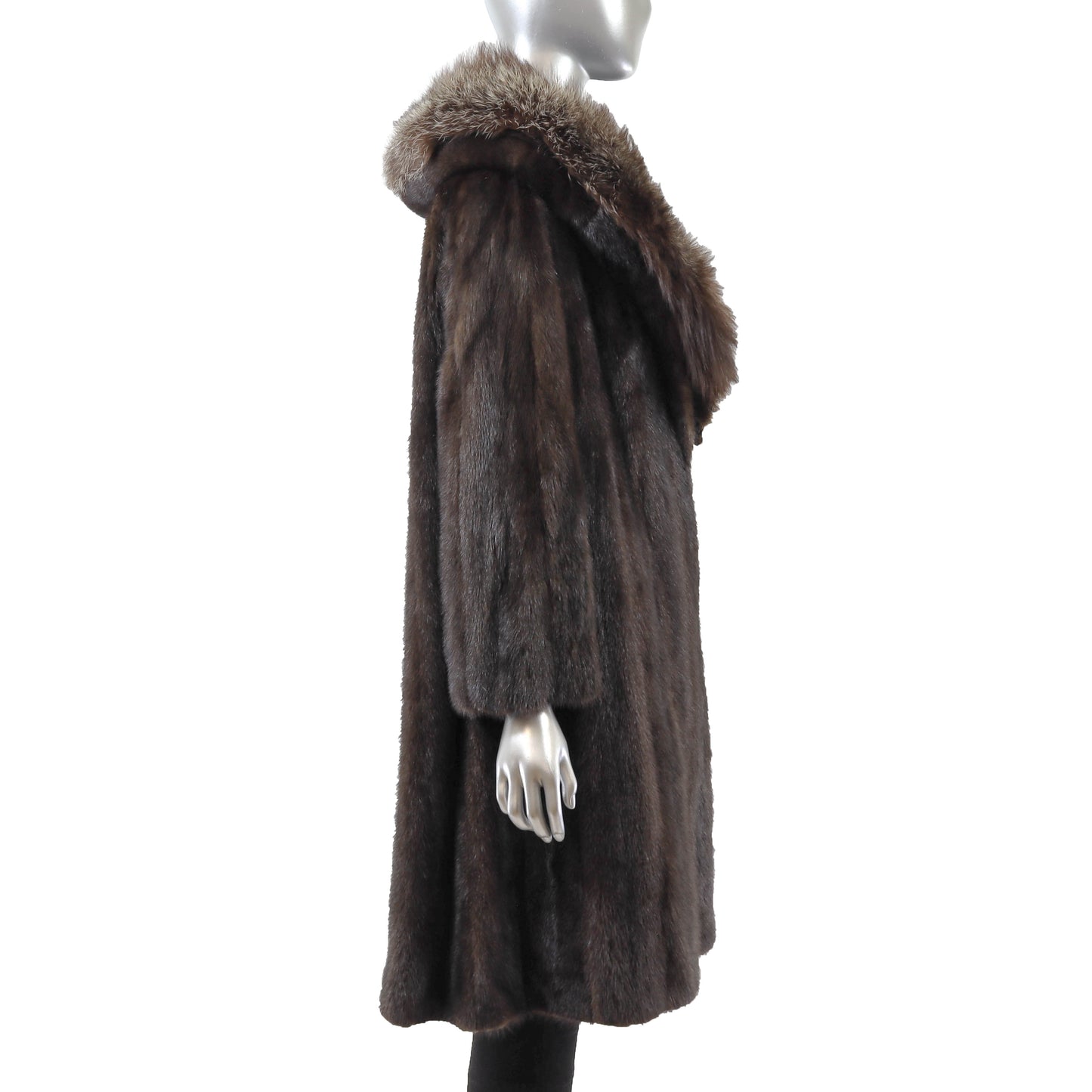 Brown Mink Coat with Fox Collar- Size L