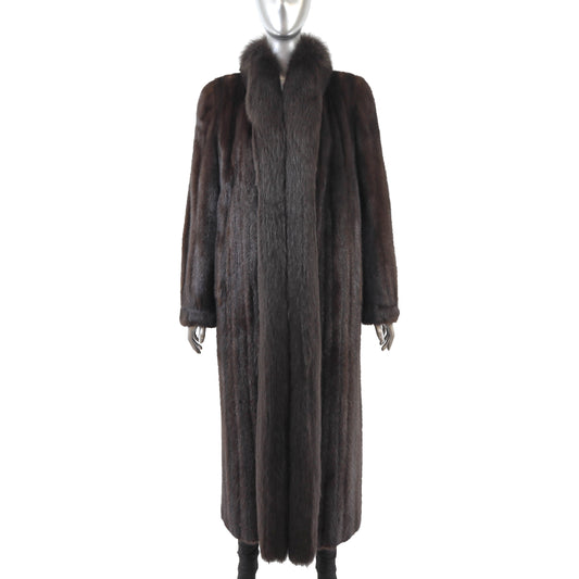 Brown Mink Coat with Fox Tuxedo- Size M