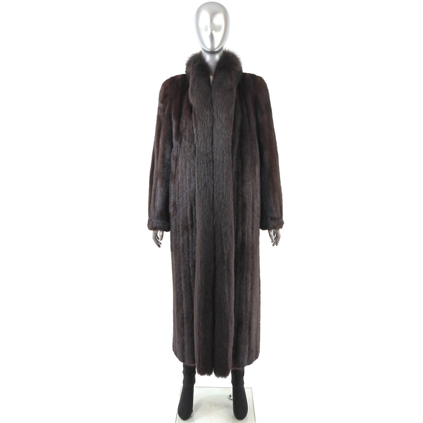 Brown Mink Coat with Fox Tuxedo- Size M