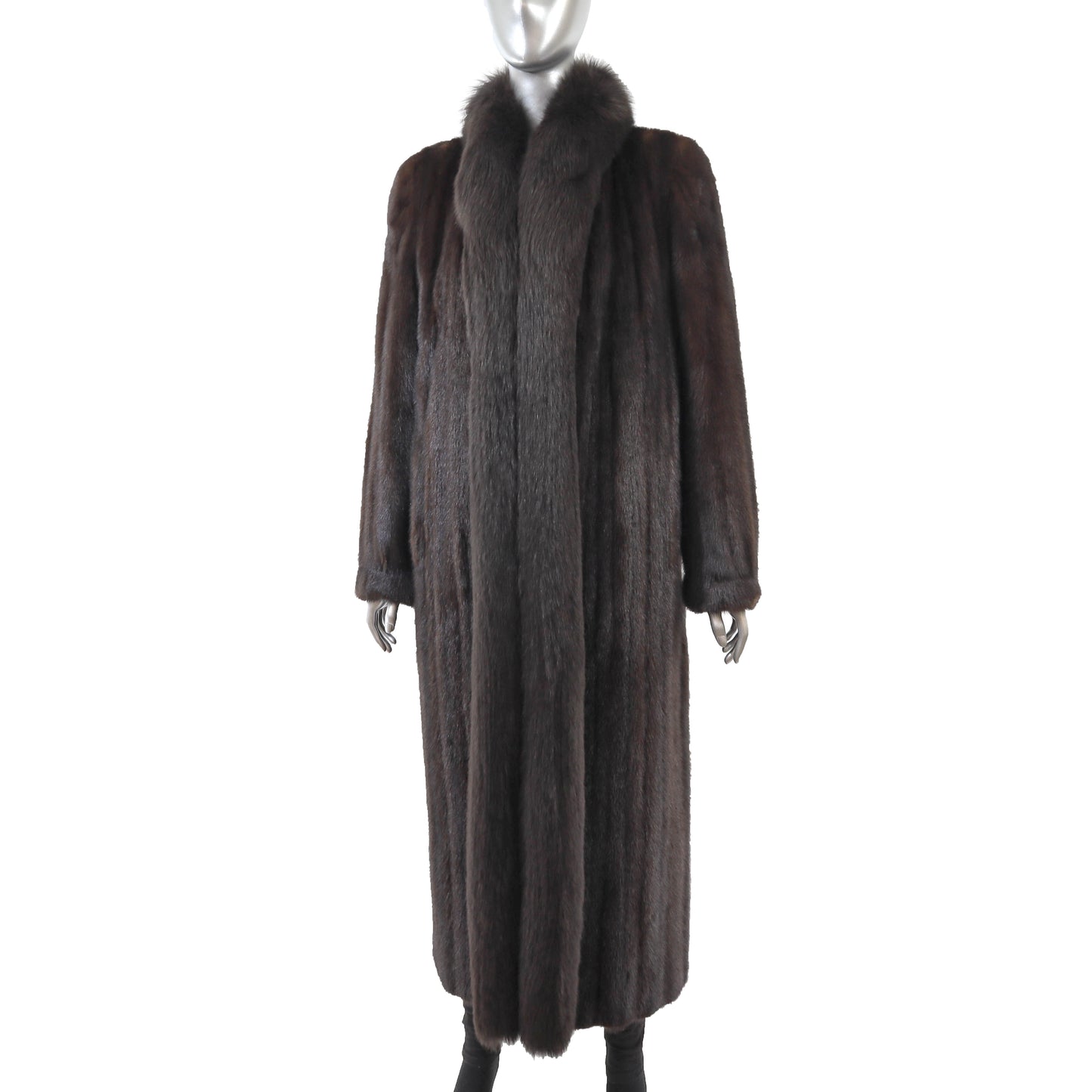 Brown Mink Coat with Fox Tuxedo- Size M