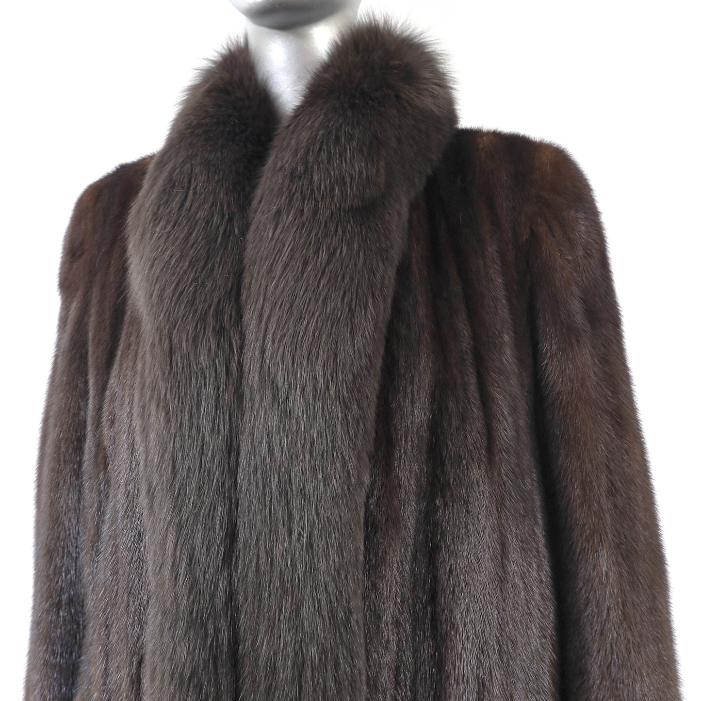 Brown Mink Coat with Fox Tuxedo- Size M