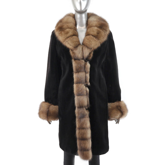 Sheared Mink Coat with Sable Tuxedo and Cuffs- Size M