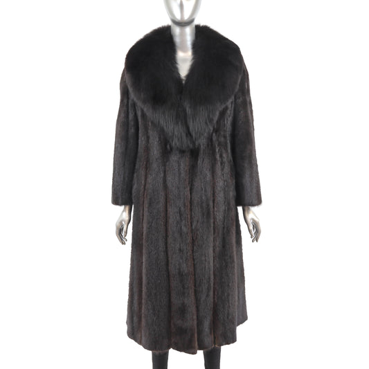 Dark Brown Mink Coat with Fox Collar- Size S