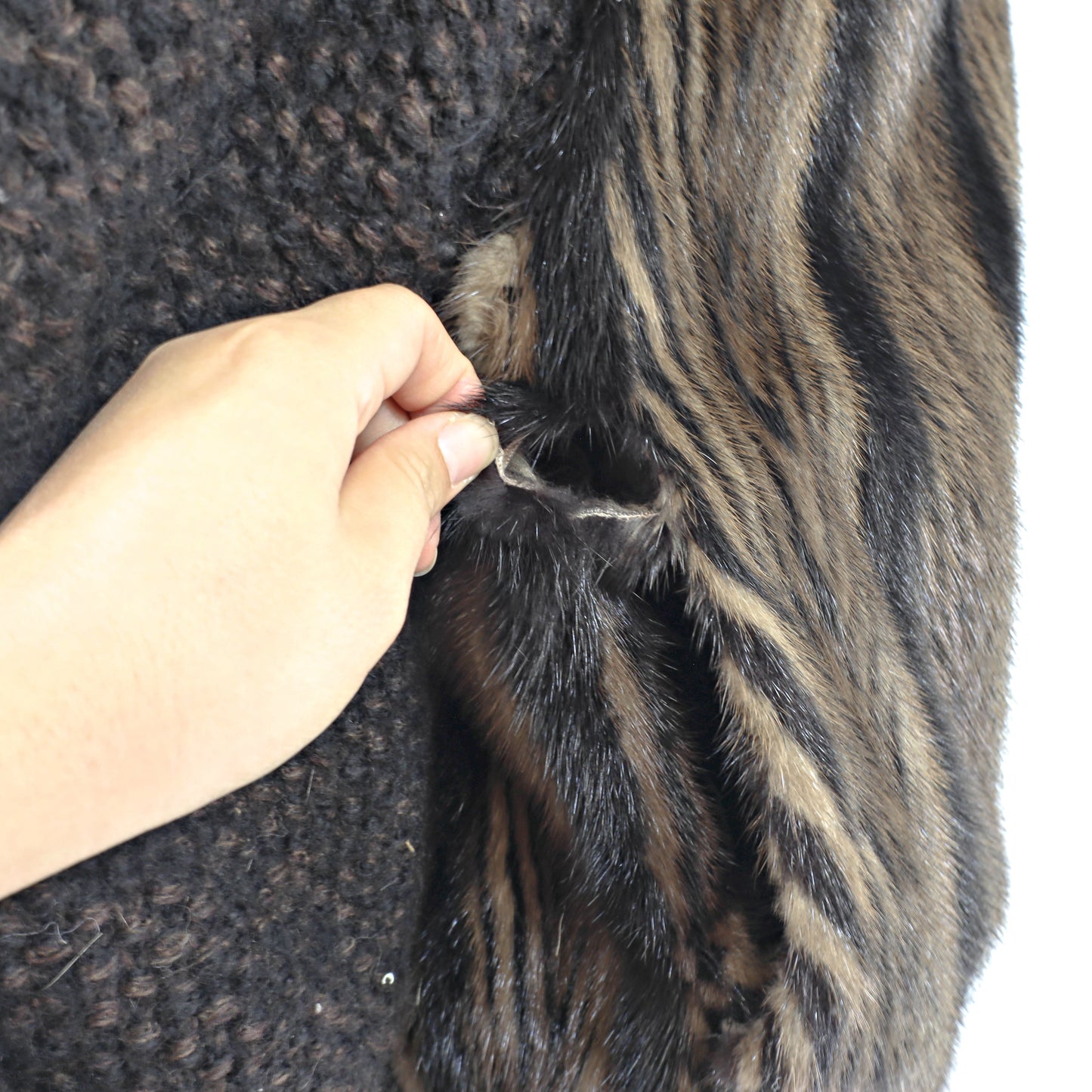 Brown Mink Jacket with Knitted Sleeves - Size L