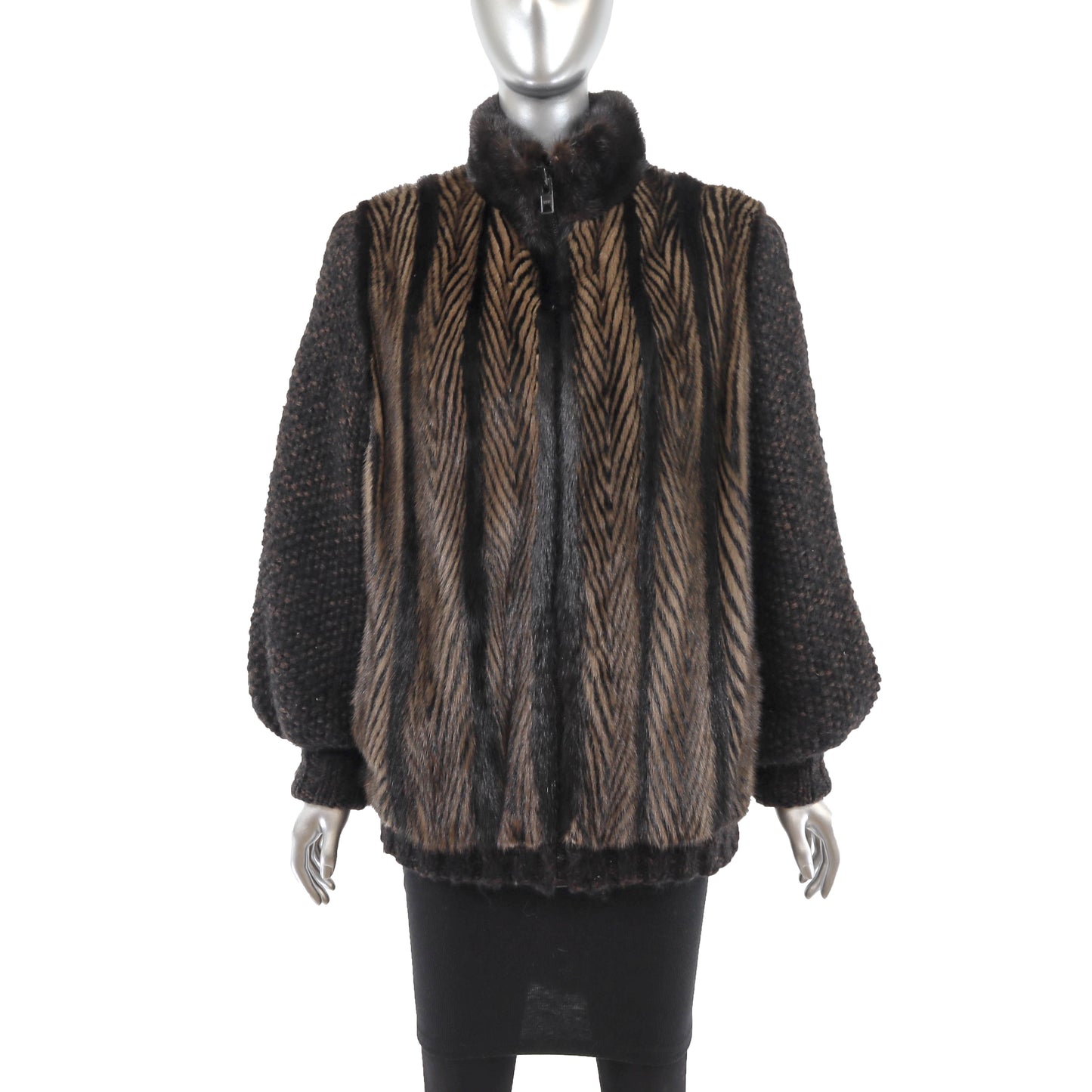 Brown Mink Jacket with Knitted Sleeves - Size L