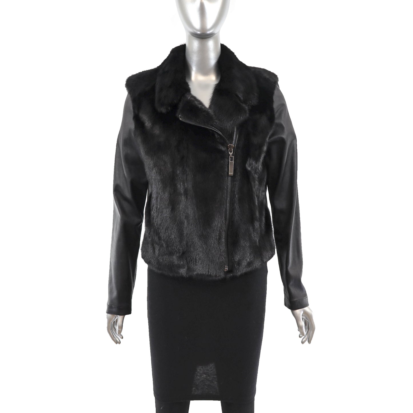 Black Mink Jacket with Leather Sleeves- Size S