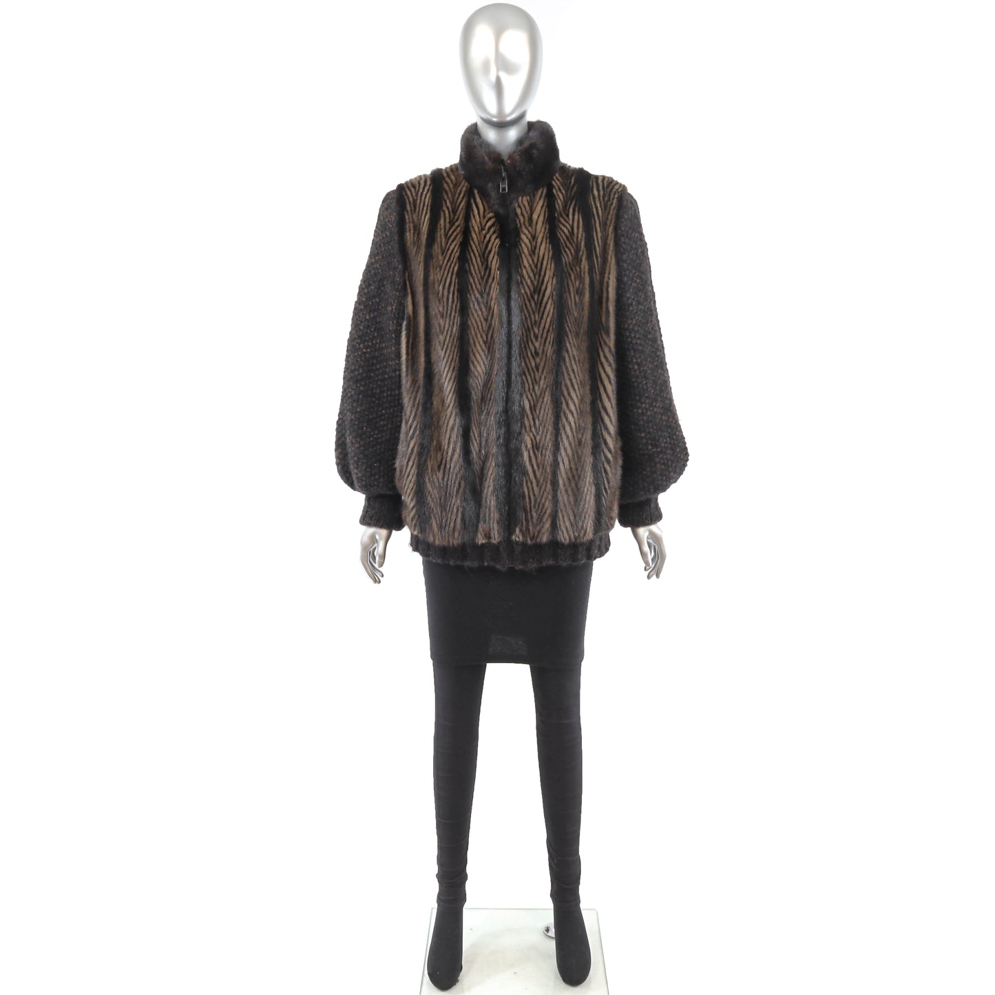 Brown Mink Jacket with Knitted Sleeves - Size L