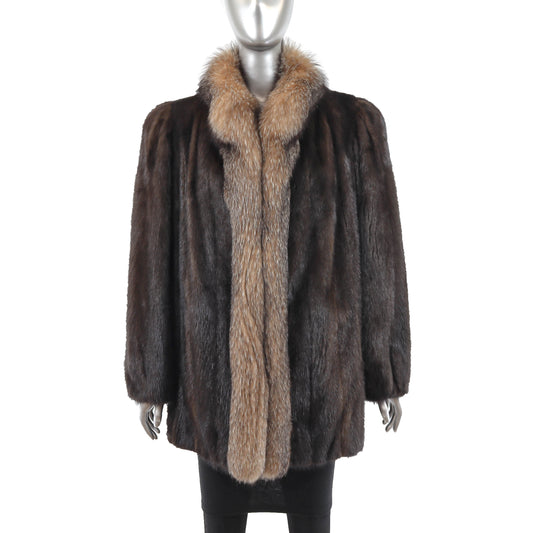 Brown Mink Jacket with Fox Tuxedo- Size XL