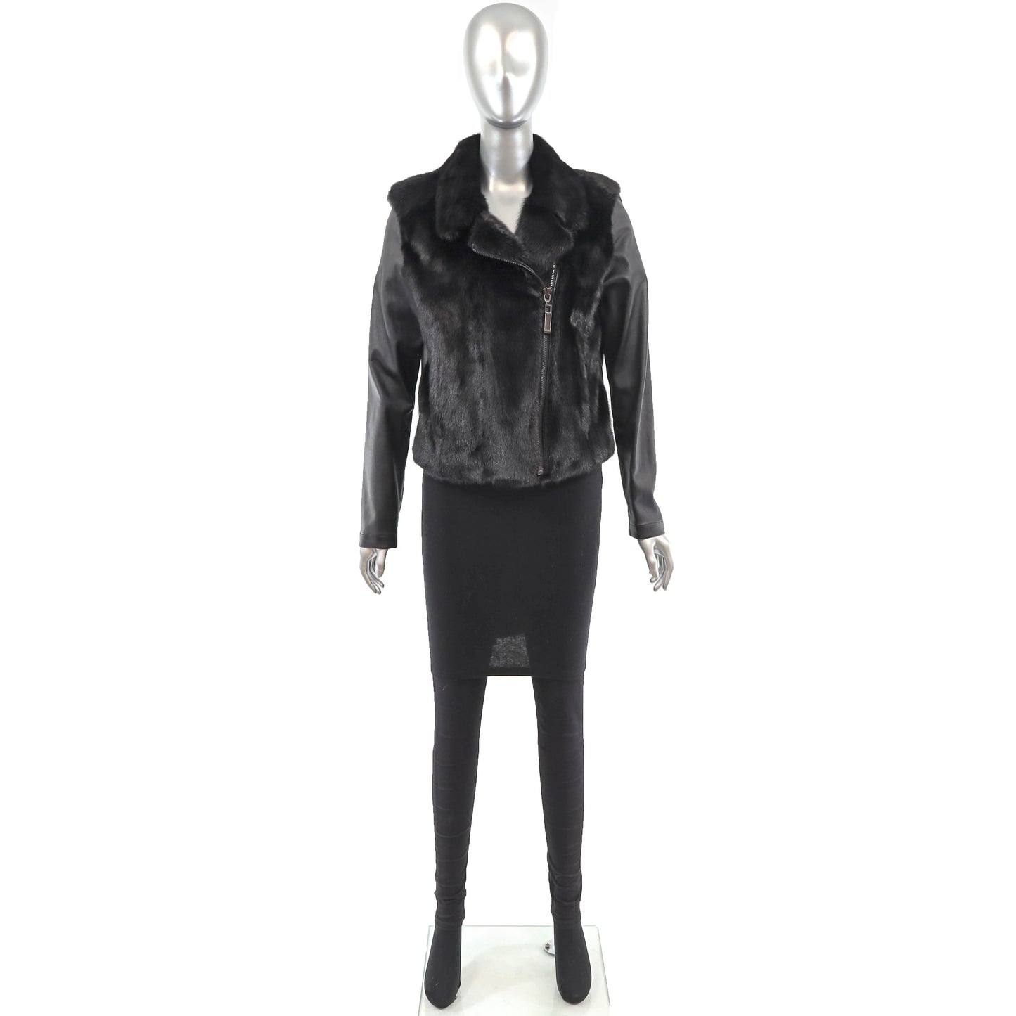 Black Mink Jacket with Leather Sleeves- Size S