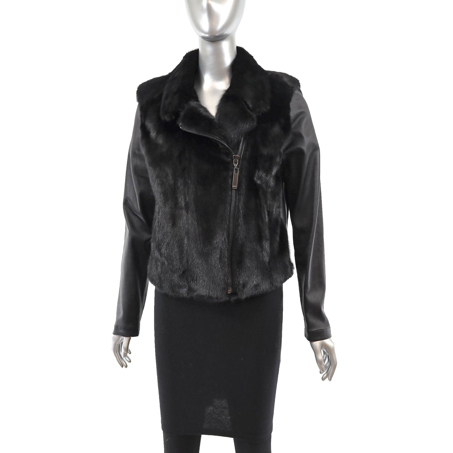 Black Mink Jacket with Leather Sleeves- Size S