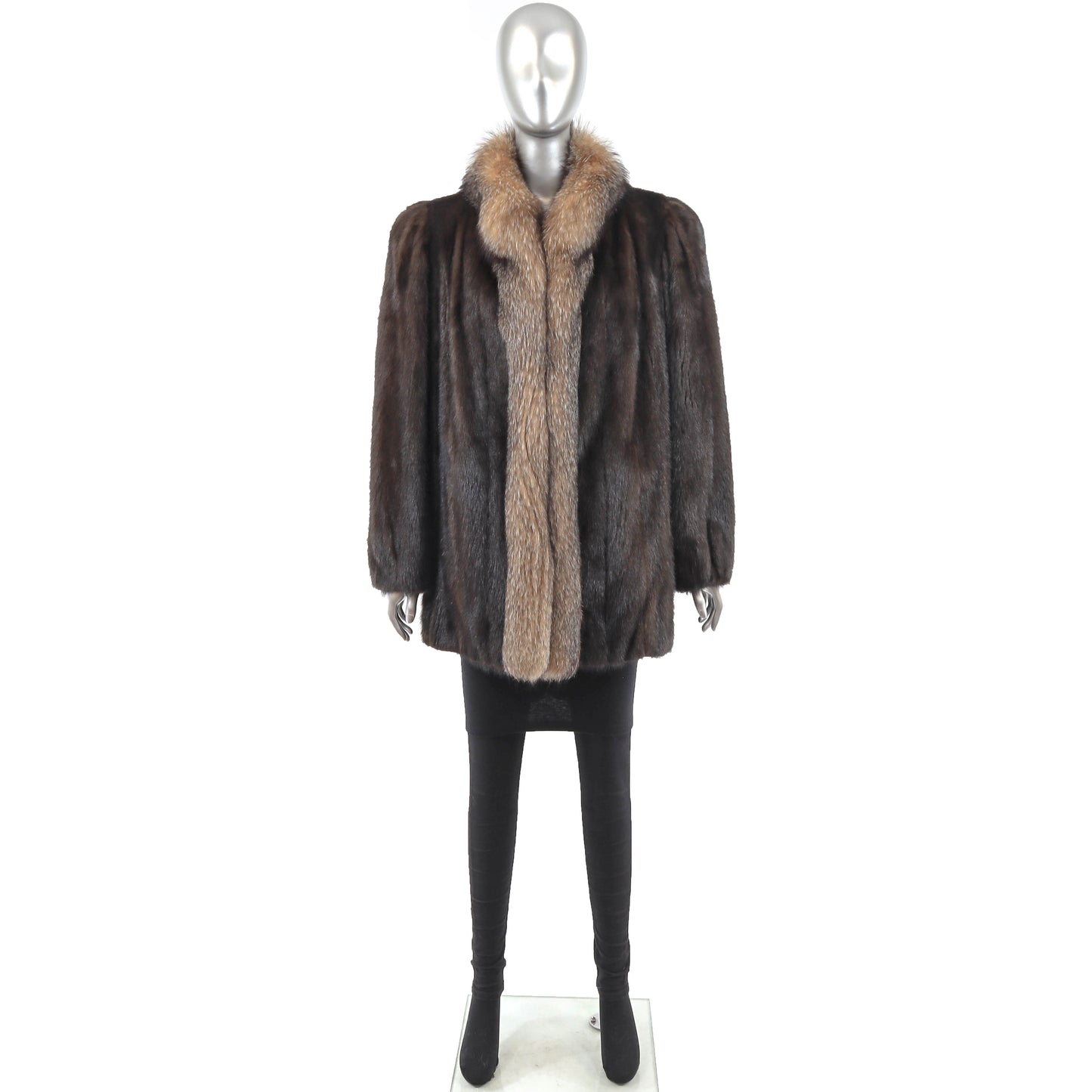 Brown Mink Jacket with Fox Tuxedo- Size XL