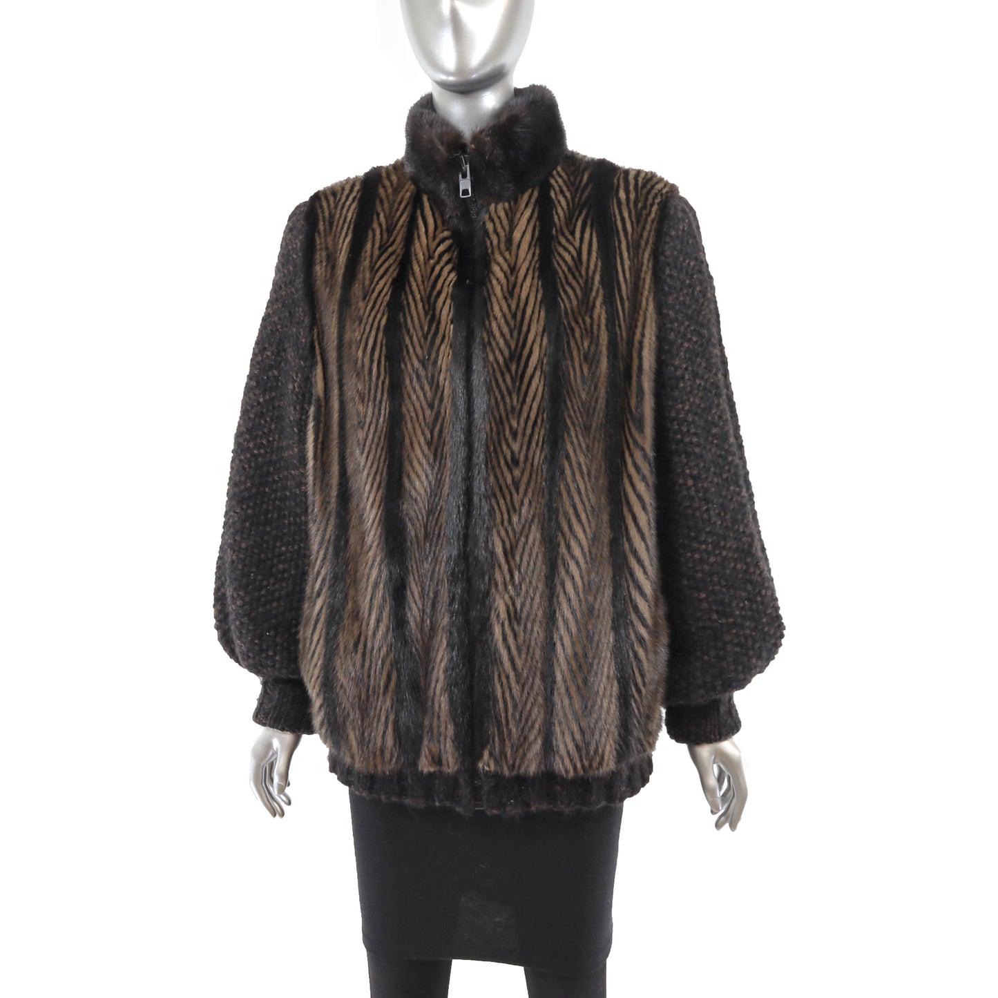 Brown Mink Jacket with Knitted Sleeves - Size L