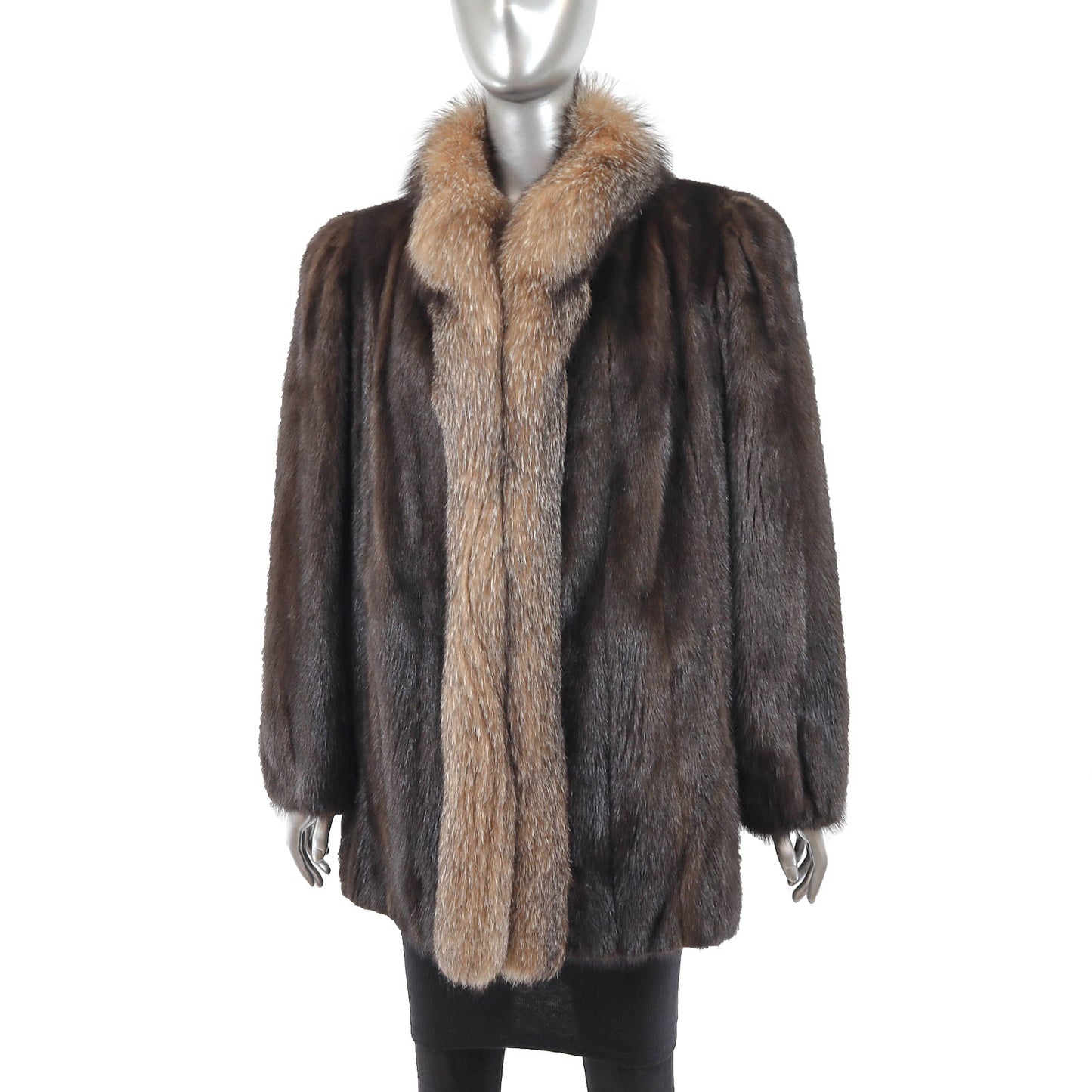 Brown Mink Jacket with Fox Tuxedo- Size XL