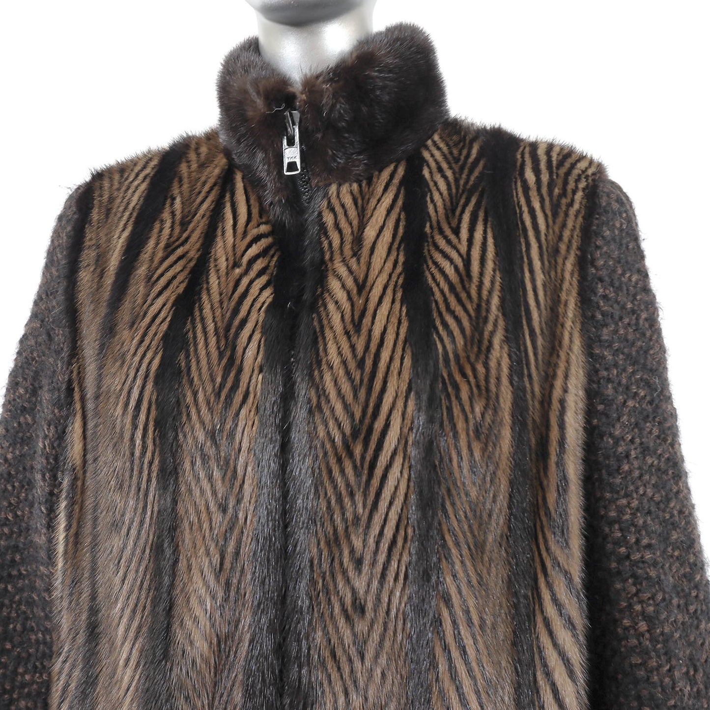 Brown Mink Jacket with Knitted Sleeves - Size L