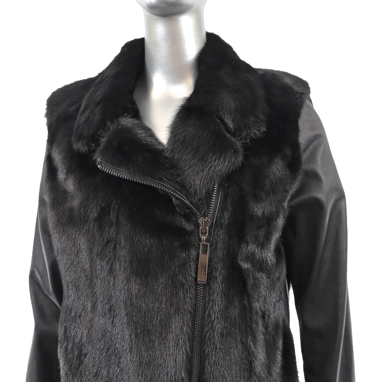 Black Mink Jacket with Leather Sleeves- Size S