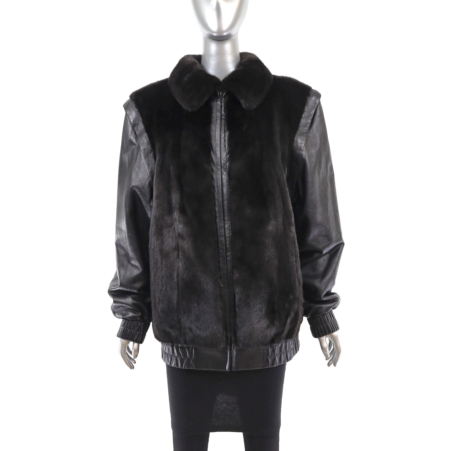 Black Mink Jacket with Detachable Leather Sleeves- Size S