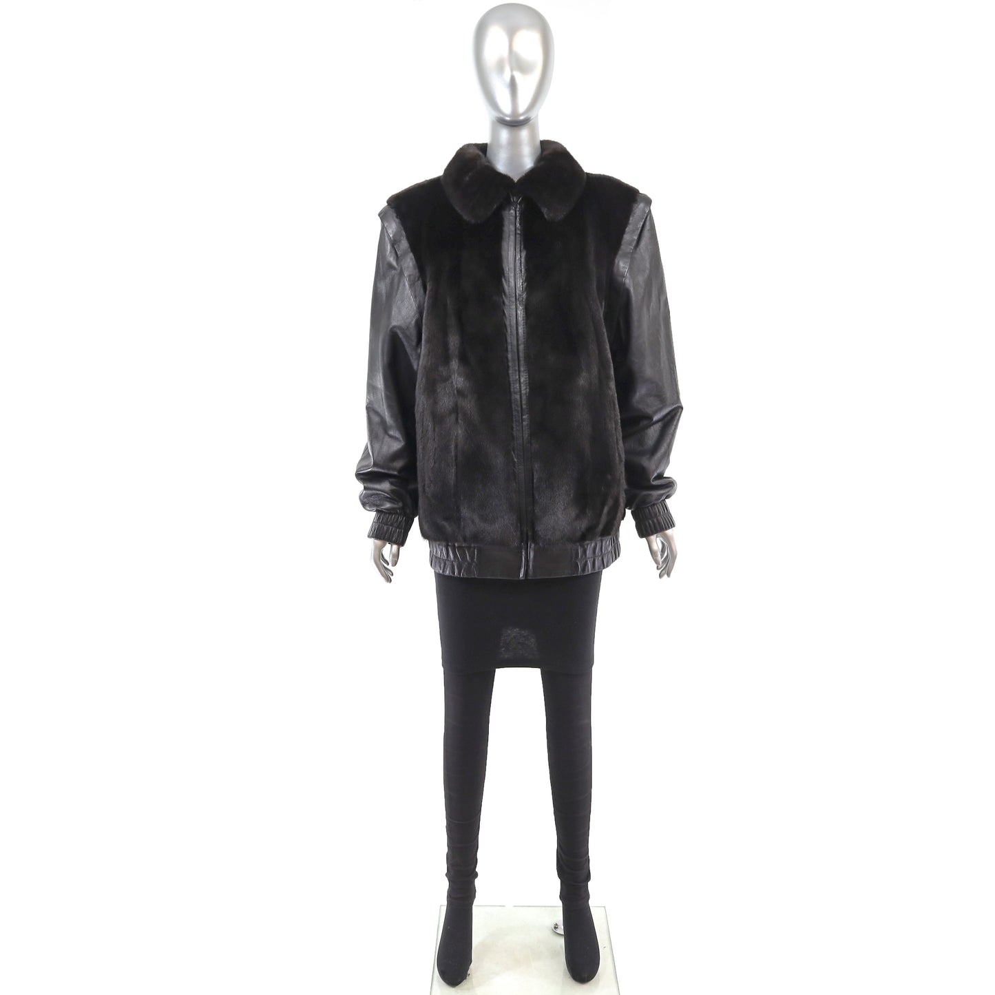 Black Mink Jacket with Detachable Leather Sleeves- Size S