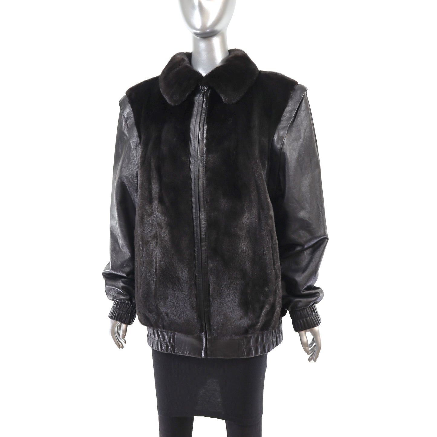 Black Mink Jacket with Detachable Leather Sleeves- Size S