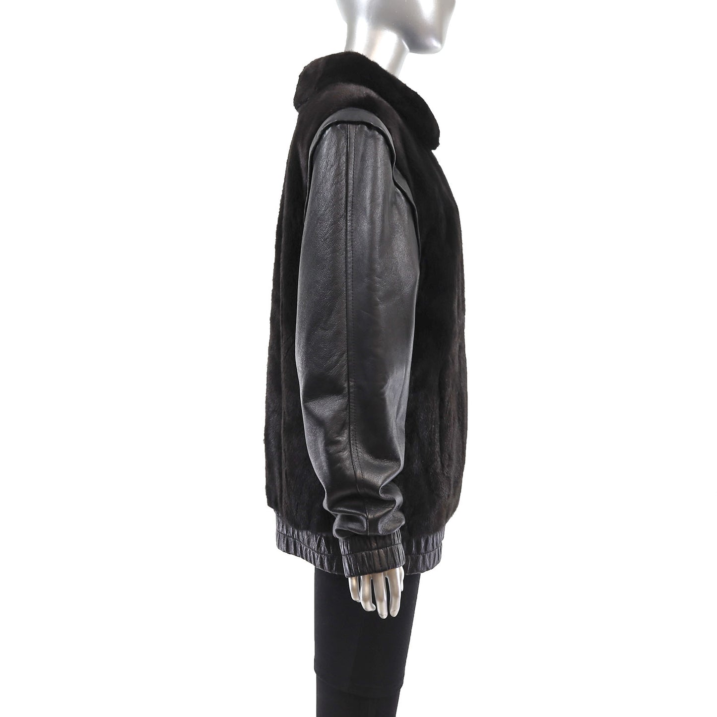 Black Mink Jacket with Detachable Leather Sleeves- Size S