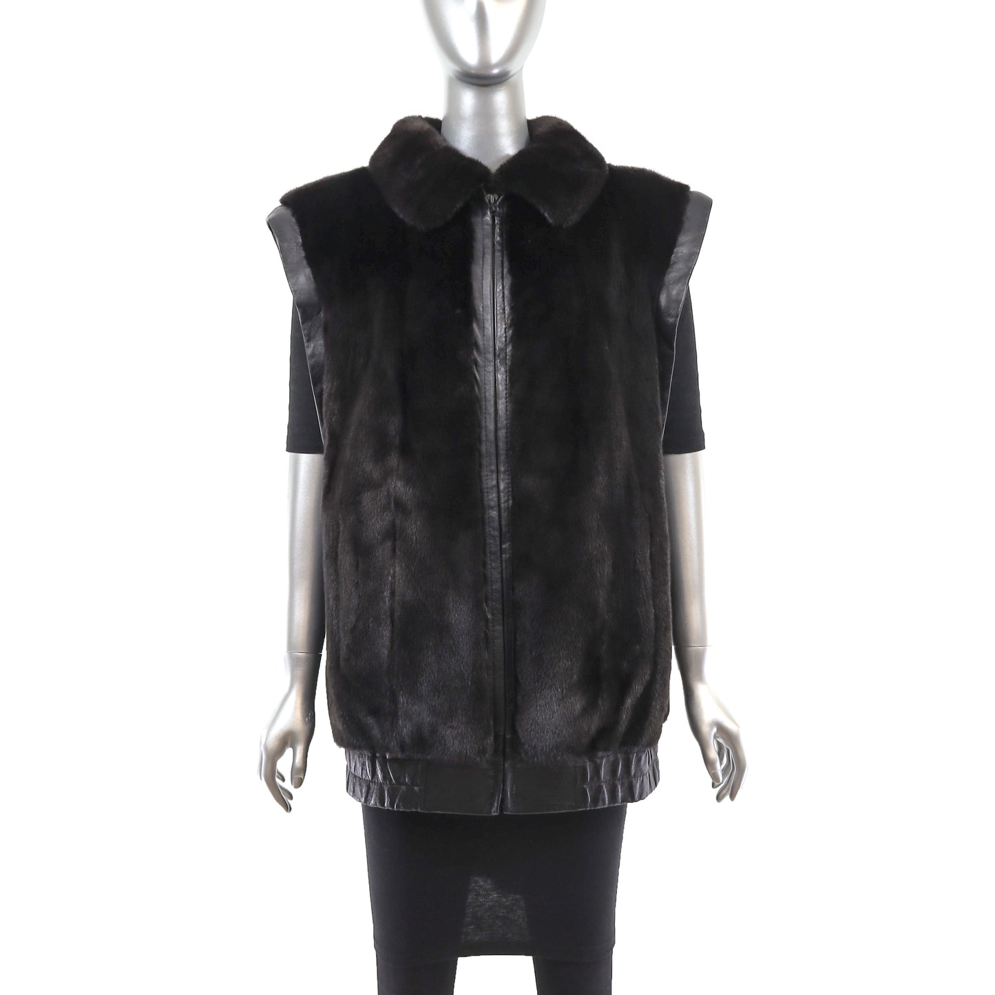 Black Mink Jacket with Detachable Leather Sleeves- Size S