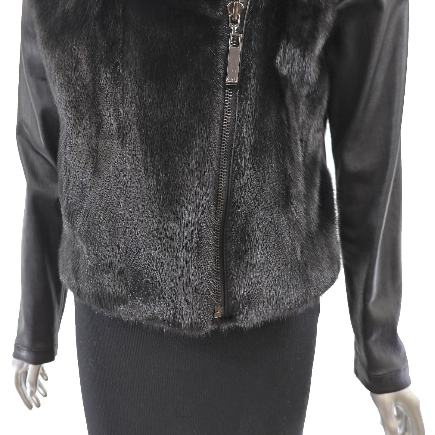 Black Mink Jacket with Leather Sleeves- Size S